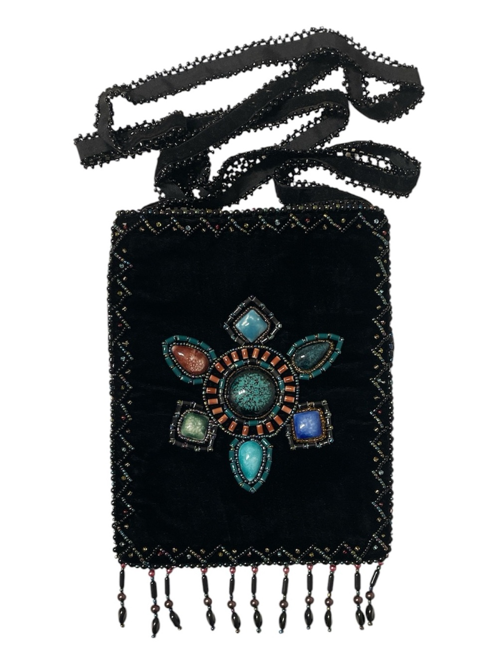 Black Beaded Velvet Crossbody Bag with Multistone Floral Accent- zipper closure